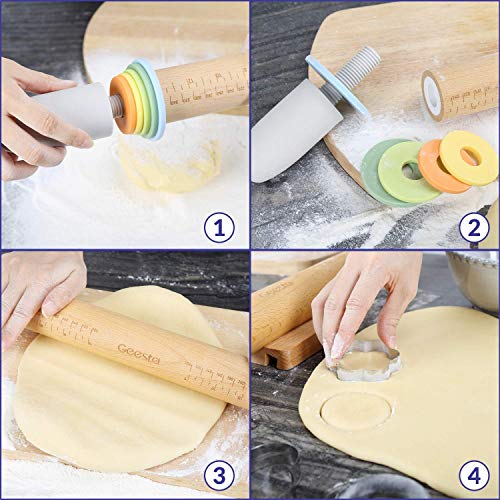 Adjustable Wood Rolling Pin with 5 Thickness Rings