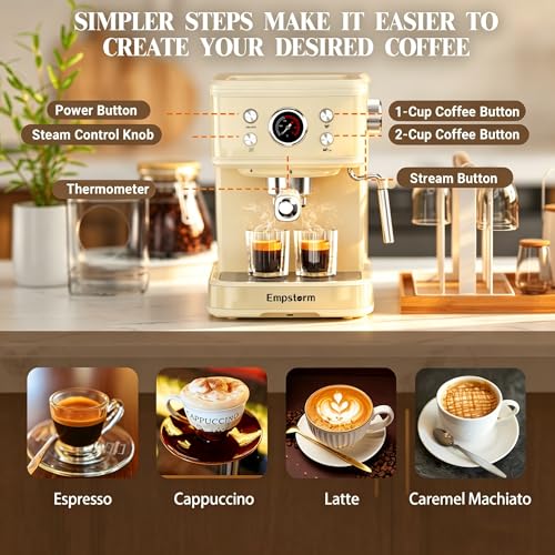 04E 20 Bar Espresso Machine with Milk Frother Steam 1100W Cream white