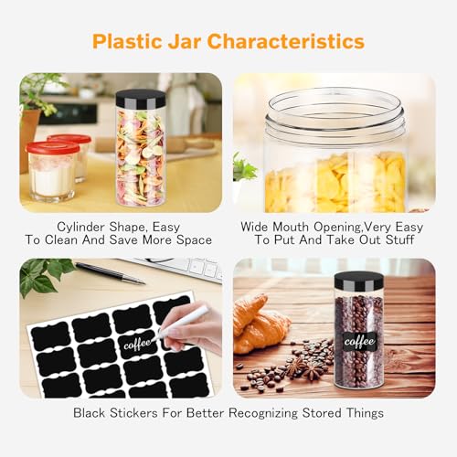 Plastic Jars with Lids 16OZ 16PCS Small Empty Slime Cosmetics Containers Clear Gift Food Jars Round PET Cream Jars with Black Lids Pen Labels for Kitchen Storage Spices Dry Food Butter (16 Count)