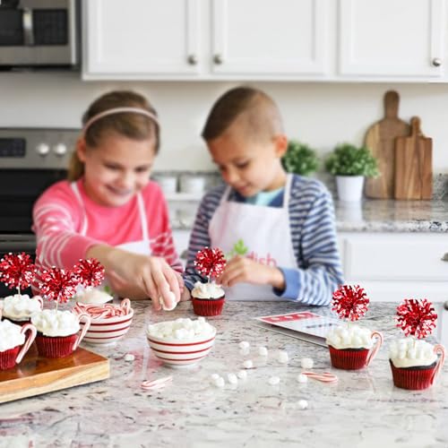 30Pcs Foil Firework Cupcake Toppers Happy Birthday Cake Toppers Tinsel Flower Drink Stirrers Cocktail Food Fruit Toothpicks for Valentine's Day Party Decorations Red (30 Count)