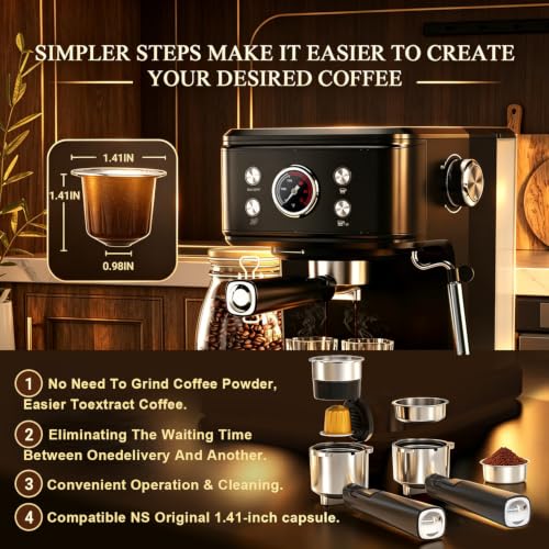 04E 20 Bar Espresso Machine with Milk Frother Steam 1100W Black