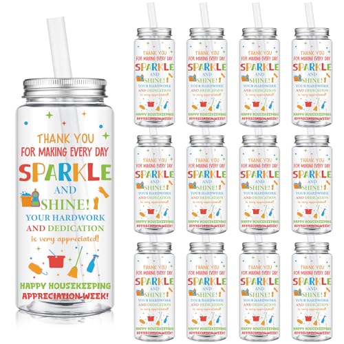 12 Pcs Housekeeping Week Gift 14.2oz Thank You Gifts Inspirational Tumbler with Lid and Straw Plastic Reusable Tumbler Bulk Cold Drinking Cup for Women Men Coworker Stuff (12 Count)