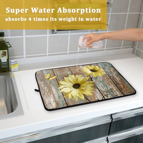 Rustic Daisy Dish Drying Mat for Kitchen Countertop 18x24 inch Yellow Sunflowers on Wooden Board Dish Drainer Mats Fast Drying Country Vintage Shabby Chic Flower Dish Drying Pad Decor Large