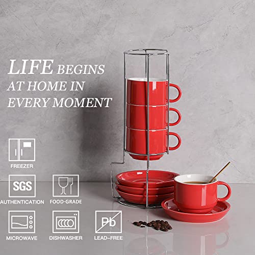 Sweejar Porcelain Cappuccino Cups with Saucers and Metal Stand (4 Count)