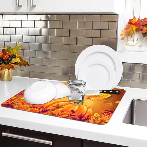 Harvest Pumpkin Maple Leaf Dish Drying Mat for Kitchen Counter