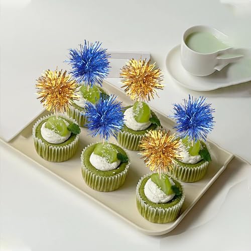 40 PCS Foil Firework Cupcake Toppers Sparkle Tinsel Cupcake Picks Fireworks Birthday Party Decorations Cocktail Fruit Toothpick for Birthday Wedding Graduation Party Decorations Supplies Gold Blue (40 Count)