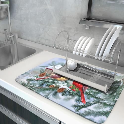 Winter Red Cardinal Bird Dish Drying Mat for Kitchen Counter
