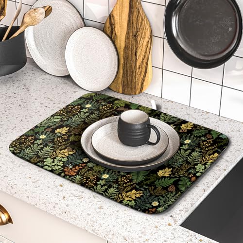 Black Green Botanical Dish Drying Mat for Kitchen Counter 16x18 Inch Super Absorbent Microfiber Kitchen Drying Mat Green Plant Fern Leaves Floral Dish Reusable Washable Dish Drying Pad for Coffee Bar