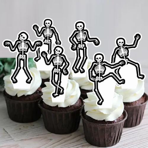 Dancing Skeleton Halloween Cupcake Toppers 48PCS Black Skull Party Cake Decorations Skeleton Cupcake Picks Halloween Birthday Party Decorations for Horror Theme Party Baby Shower Supplies (48 Count)
