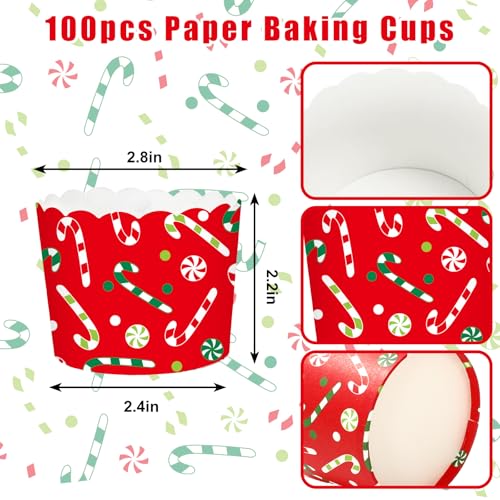 100Pcs Christmas Paper Baking Cups Red Green Candy Cane Cupcake Wrappers Scalloped Edge Cupcake Muffin Cases for Xmas Winter Holiday Party Dessert Decoration (100 Count)