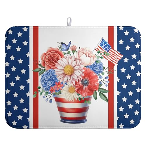 Patriotic Floral Summer Dish Drying Mats 4th of July Butterfly Flowers Dish Mat Kitchen Large Drying Matt Dishes Dryer Pad for Kitchen Counter Absorbent Microfiber Washable Foldable Reusable 18x24 in