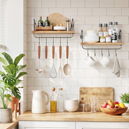 Floating Wall Shelves for Kitchen Bathroom Coffee Nook with 10 Adjustable Hooks for Coffee Mugs (2 Count)