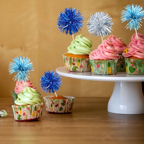 30Pcs Foil Firework Cupcake Toppers Sparkle Tinsel Cake Toppers Tinsel Drink Cake Decoration Cocktail Picks for Birthday Wedding Graduation Party Supplies Blue Silver (30 Count)