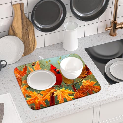 Fall Birds Dish Drying Mat 16x18 Inch Autumn Maple Leaf Tree Dish Drainer Mats Thanksgiving Decorative Microfiber Reversible Dish Drying Rack Pad Small for Kitchen Countertop Tabletop