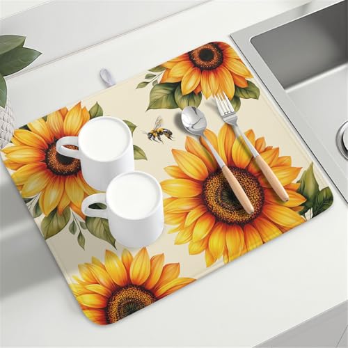Sunflower Dish Drying Mat 18x24 Inch Absorbent Reversible Summer Drying Mat Sunflower Bee Dish Drying Rack Mat Yellow Summer Themed Dish Drainer Mat for Kitchen Counter Coffee Bar