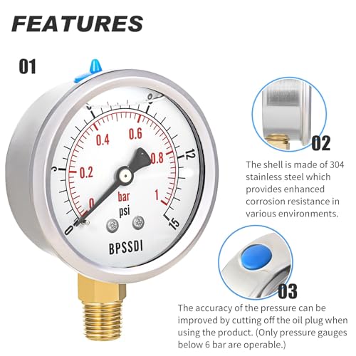 0 15 Psi Glycerin Liquid Filled Low Pressure Gauge