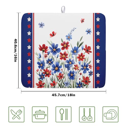 4th of July Dish Drying Mats for Kitchen Counter Patriotic Star Microfiber Absorbent Dish Drainer Rack Mat Summer Floral Independence Day Protector Sinks Dishes Pad for Countertop Table Decor 16”x18”