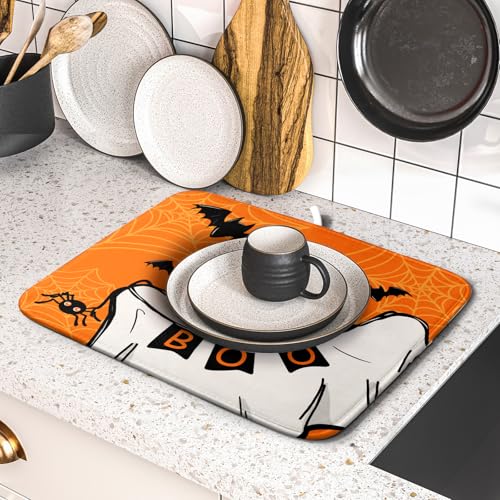 Orange Halloween Dish Drying Mat Spooky Boo Ghost Black Bats Dish Drainer Mats 16"x18" Spider Web Microfiber Reversible Dish Drying Rack Pad Protector for Kitchen Countertop Small Decor