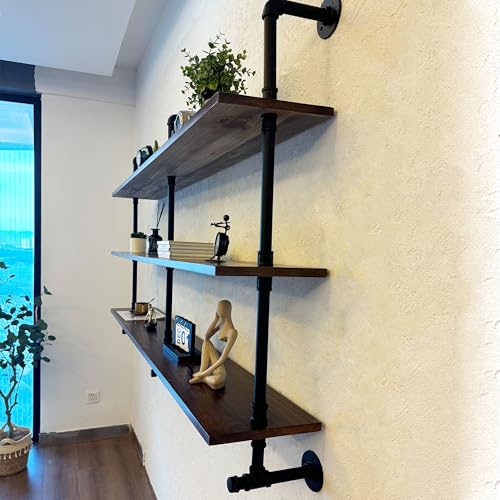 Industrial Pipe Wall Shelves Pipe Shelving with Real Wood Plank 70 Inches