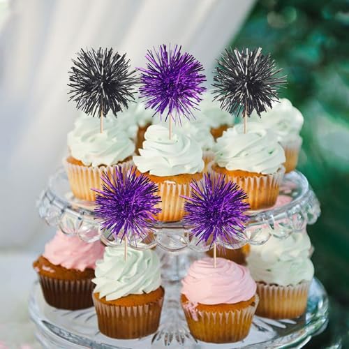 40 PCS Foil Firework Cupcake Toppers Sparkle Tinsel Cupcake Picks Fireworks Birthday Party Decorations Cocktail Fruit Toothpick for Birthday Wedding Graduation Party Decorations Supplies Black Purple (40 Count)