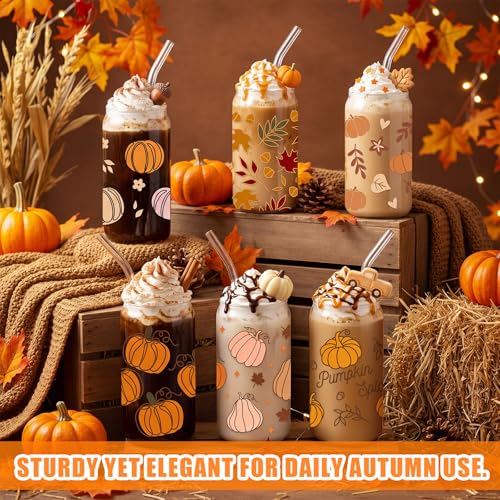 12 Pcs Fall Glass Cups with Lids and Straws 16 oz Autumn Pumpkin Leaves Coffee Tumblers Cozy Fall Drinking Cups Aesthetic Thanksgiving Gifts Bulk for Women Her Adults Party Favors (12 Count)