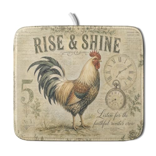 Farmhouse Rooster Dish Drying Mat 16 x 18 Inch with Hanging Loop High Absorbent Reversible Microfiber Dish Drying Pad Drainer Mat for Kitchen Counter Coffee Bar