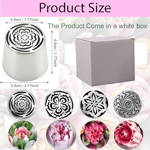 4pcs Russian Piping Tips Set Extra Large Stainless Steel Flower Icing Nozzles One Step Peony Carnation Dahlia Rose Tips for Cake Decorating ButtercreamCupcake Baking Supplies for Beginners (4 Count)