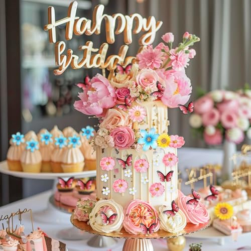 55 Pcs Edible Flowers & Butterflies Cake Decorations (55 Count)