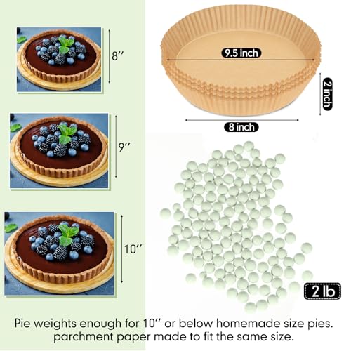 1 Pack 2 lb Light Green Pie Weights for Baking Crust Reusable Ceramic Blind Baking Beans Stoneware with 50 Pcs Disposable Parchment Paper Pie Liner Fit 8