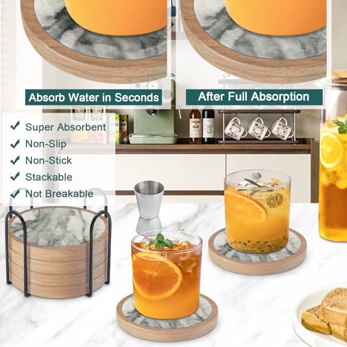6 Pack Absorbent Coasters Set with Holder Wood Coasters for Drinks Housewarming Gifts for Home Decoration Cup Coasters for Coffee Tabletop Protection 4.3 Inch