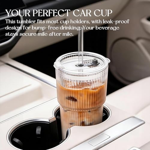 20oz Ribbed glass cups with lids and straws
