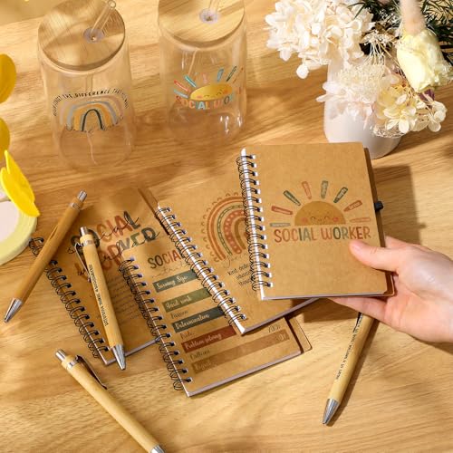 12 Pcs 4 Sets Social Worker Appreciation Week Gift Bulk Included 16oz Glass Coffee Cup with A6 Spiral Notebook Journal Pen for Graduation Gift for Bsw Msw Dsw Women Coworker Office Supplies (4 Count)