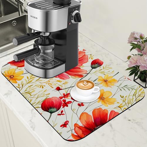 Red and Yellow Flowers Coffee Mat Absorbent Dish Drying Mat for Kitchen Counter Hide Stain Rubber Backed Coffee Bar Accessories Fit Under Espresso Machine
