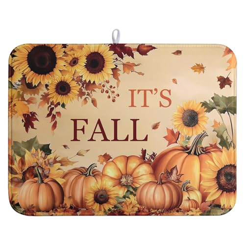 Fall Orange Pumpkins Dish Drying Mat Maple Leaves Autumn Large Kitchen Mats Dish Drying Pad Absorbent Dish Dryer Mat for Kitchen Countertops Microfiber Drainer Pad Dish Drying Mats