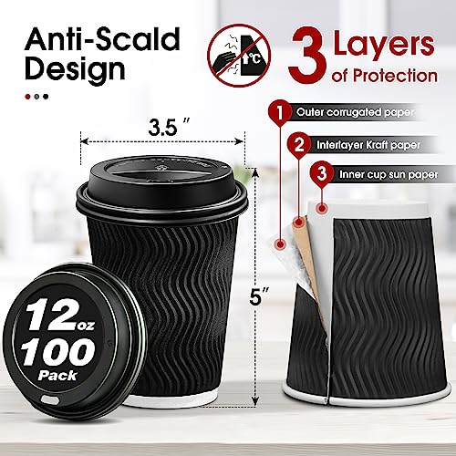 100 Pack 12 oz Disposable Insulated Coffee Cups with Lids (100 Count)