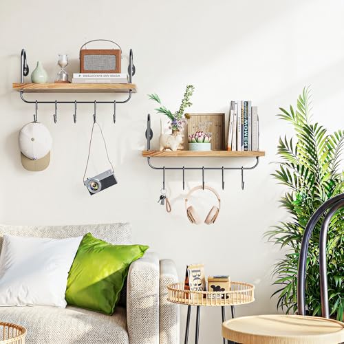 Floating Wall Shelves for Kitchen Bathroom Coffee Nook with 10 Adjustable Hooks for Coffee Mugs (2 Count)
