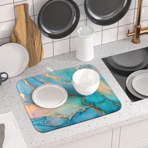 Marble Dish Drying Mat for Kitchen Counter Blue Teal Turquoise Gold Drying Mat 16 x 18 Inch Microfiber Dish Drying Pad Dish Rack Pad Drainer Mat for Coffee Bar