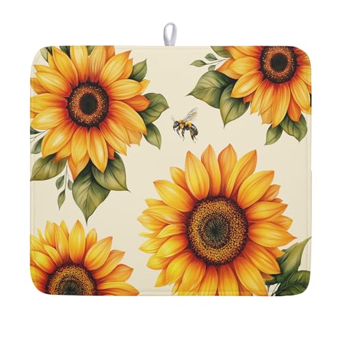 Sunflower Dish Drying Mat 16x18 Inch Absorbent Reversible Summer Drying Mat Sunflower Bee Dish Drying Rack Mat Yellow Summer Themed Dish Drainer Mat for Kitchen Counter Coffee Bar