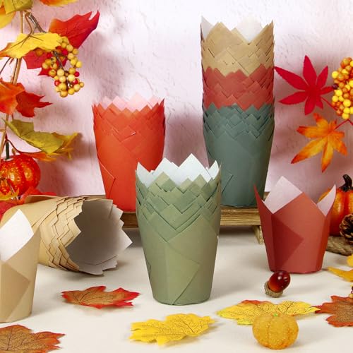 180 Pcs Autumn Tulip Cupcake Liners Warm Fall Muffin Baking Cups Wedding Colors Cupcake Wrappers for Thanksgiving Harvest Party Supplies Table Decor (180 Count)