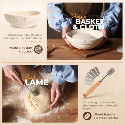 9" Round Banneton Bread Proofing Basket Set with Starter Jar