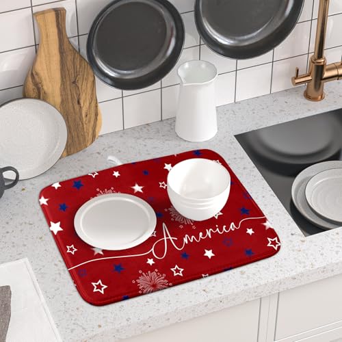 4th of July Dish Drying Mat 16"x18" Patriotic Usa Stars America Firework Dish Drainer Mats Independece Day Reversible Microfiber Dish Drying Pad for Kitchen Countertop Small Decor