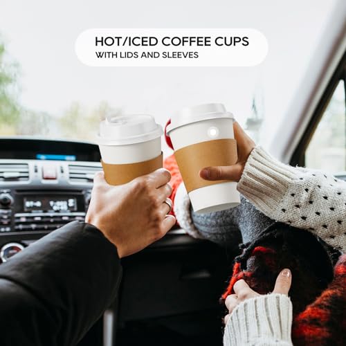50 Pack 12 oz Disposable Paper Coffee Cups with Lids & Sleeves (50 Count)