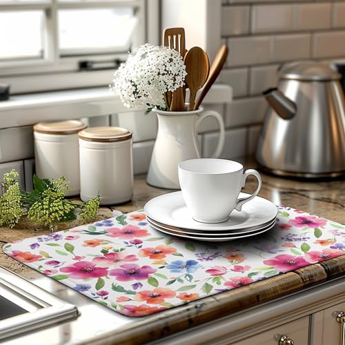 Spring Floral Dish Drying Mat Flowers Summer Kitchen Mat Dish Drying Pad Absorbent Dish Dryer Mat for Kitchen Countertops Microfiber Dishes Drainer Pad Dish Drying Rack Mat