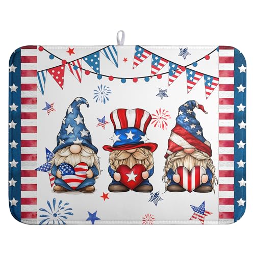 4th of July Gnomes Dish Drying Mat Patriotic Gnome Large Kitchen Mat Dish Drying Pad Absorbent Dish Dryer Mat for Kitchen Countertops Microfiber Drainer Pad Dish Drying Rack Mat