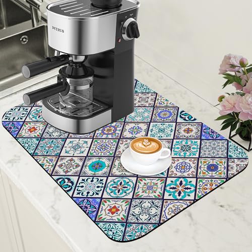 Colorful Tiles Dish Drying Mat for Kitchen Counter Coffee Mat Hide Stain Absorbent Non