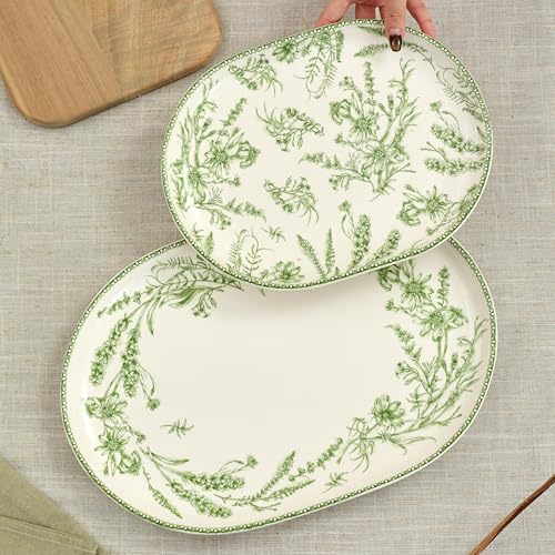 Green Garden Toile De Jouy 16 plus 12 inch Oval Platters Set (2 Count)