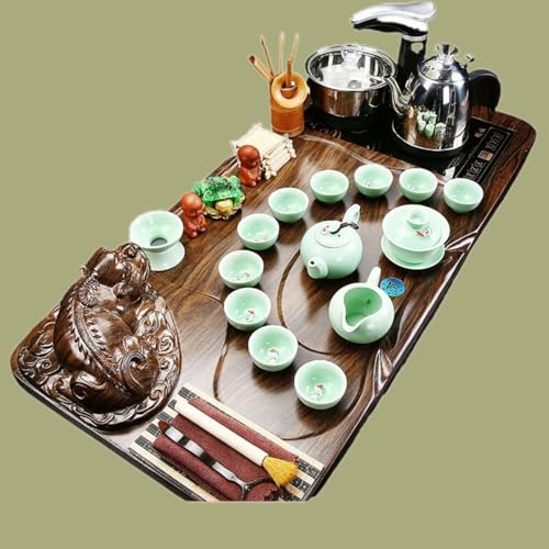 WW P09L2115218 全自动 Kungfu Tea Set Automatic Teapot Set 茶盘 Chinese Gongfu Tea Set Gift Box 茶具套装家用陶瓷功夫茶具智能电磁炉茶台茶道 Solid wood Chinese Teaset 实木整套