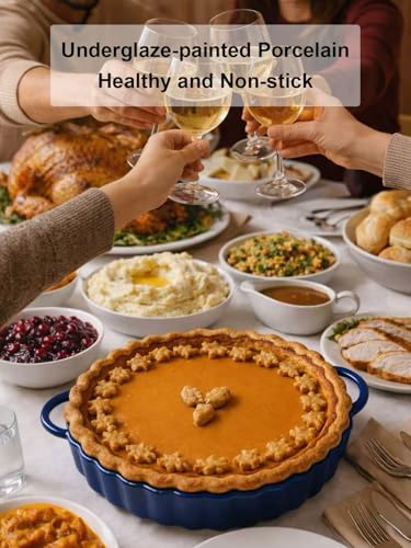 10×2in Deep Ceramic Pie Pan with Handles for Pie Quiche Tart Baking. Easy to grip