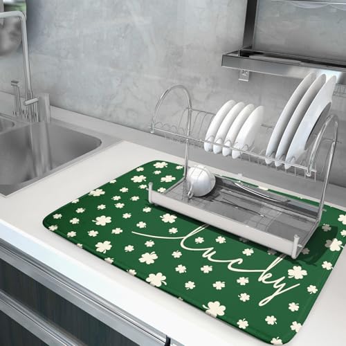 St Patricks Day Dish Drying Mat Green Lucky Clovers Dish Drainer Mats 18"x24" Shamrock Holiday Microfiber Reversible Dish Drying Rack Pad Protector for Kitchen Countertop Large Decor