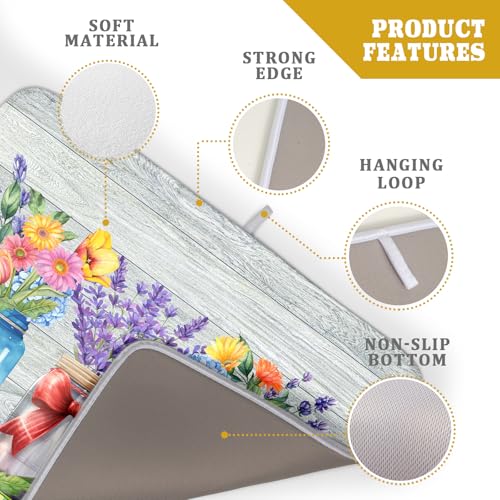 Spring Summer Flowers Dish Drying Mat for Kitchen Counter 18"x24" Spring Floral Jars Drying Mat Soft Absorbent Microfiber Farmhouse Colorful Floral Dish Drainer Rack Mats for Counter tops